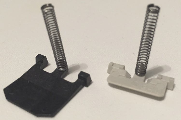 A comparison between a Model F (left) and Model M (right) buckling spring.