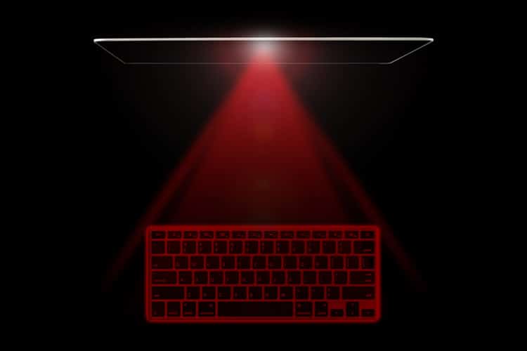 Digital virtual keyboard projected onto a surface.