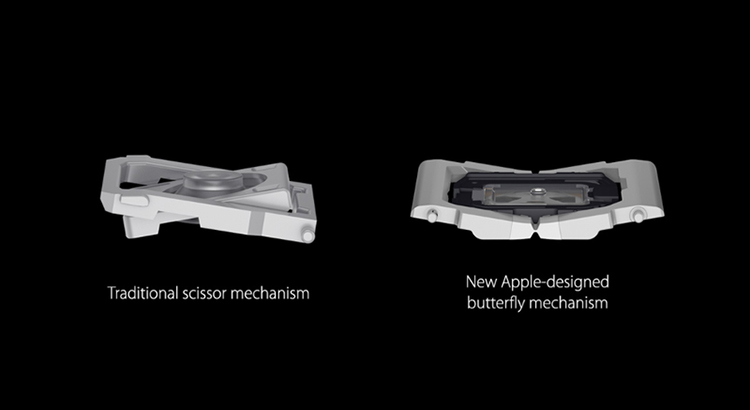 Promotional image from Apple Inc. comparing traditional scissor keys with their new butterfly keys.